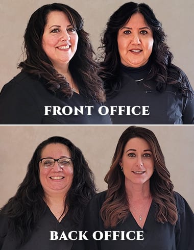 Composite of the dental team - Kristi and Anna at the Front office and Deserie and Vicky at the Back Office